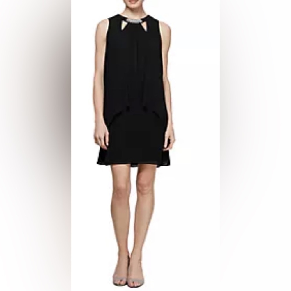 SLNY Double Keyhole Crew-Neck Pearl-Accent Chiffon Sleeveless Black Dress, 8P